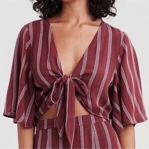 American Eagle Outfitters Burgundy Striped Tie-Front Blouse